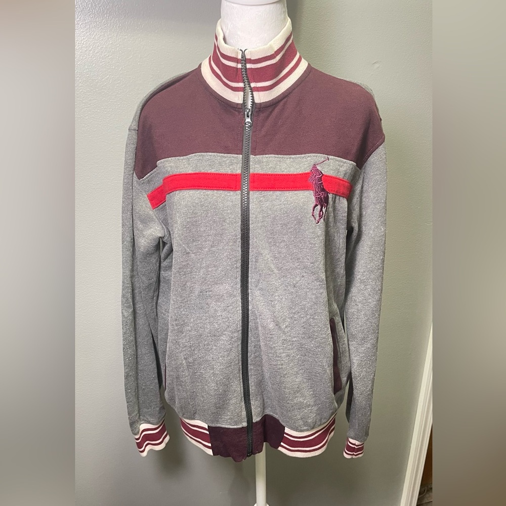 Polo Ralph Lauren Men's Vintage Mock Neck Track Jacket Gray Burgundy Size Medium